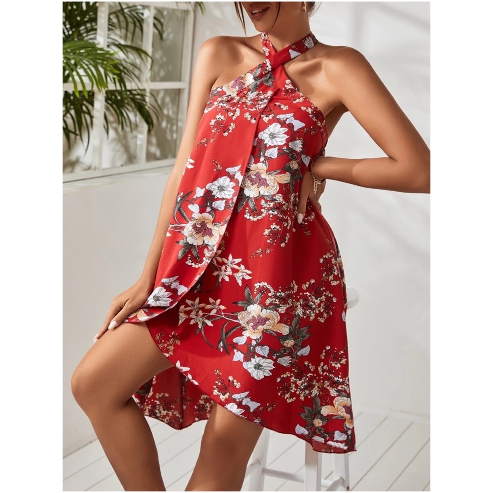 Boho Floral Print Halter Mini Dress